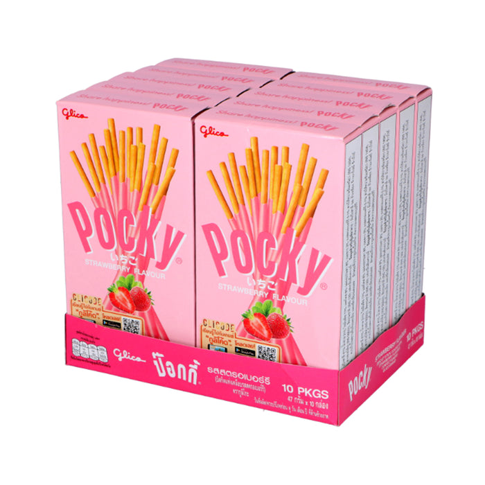 GLICO POCKY STICK STRAWBERRY FLAVOUR 43G, CASE OF 10 (BBD 30/07/2025)