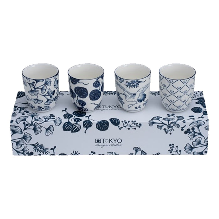 JAPANESE STYLE FLORAL BLUE JAPONICA TEA CUP SET - 4 CUPS