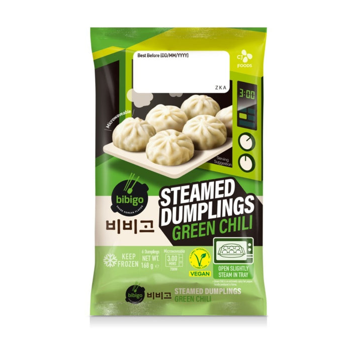 BIBIGO VEGAN GREEN CHILLI STEAMED MICROWAVEABLE DUMPLINGS - 168G