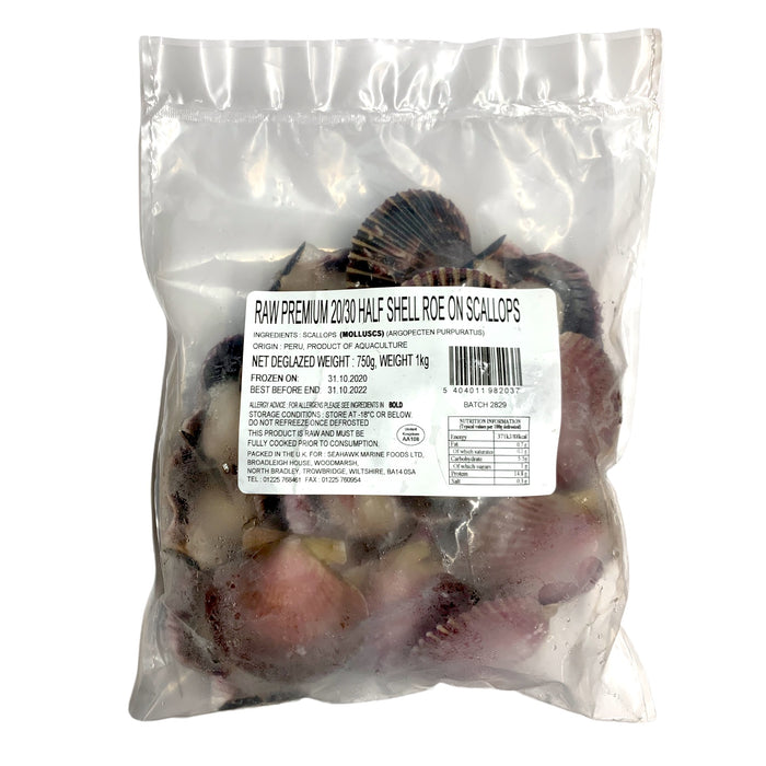 IQF 20/30 SCALLOPS IN HALF SHELL - 1KG