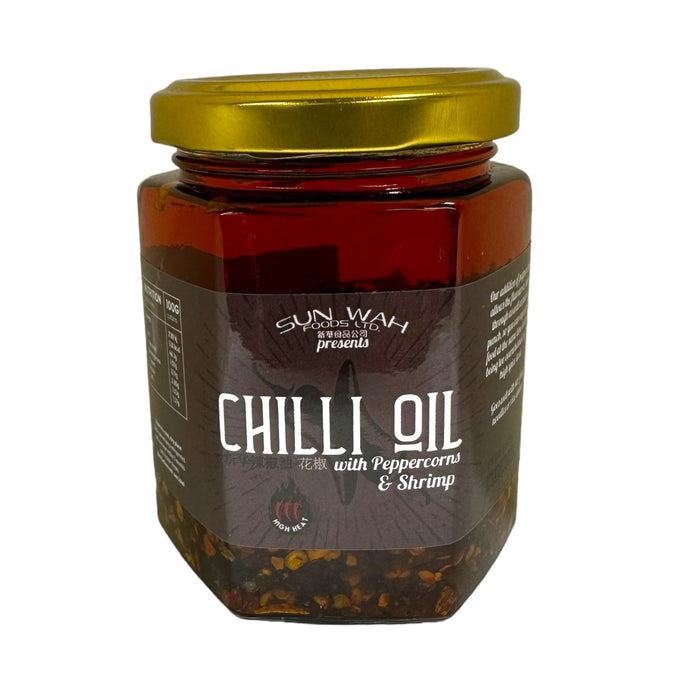 SUN WAH VEGETARIAN & GLUTEN FREE CHILLI OIL WITH PEPPERCORNS & SHRIMP 180G 新華辣椒油 花椒