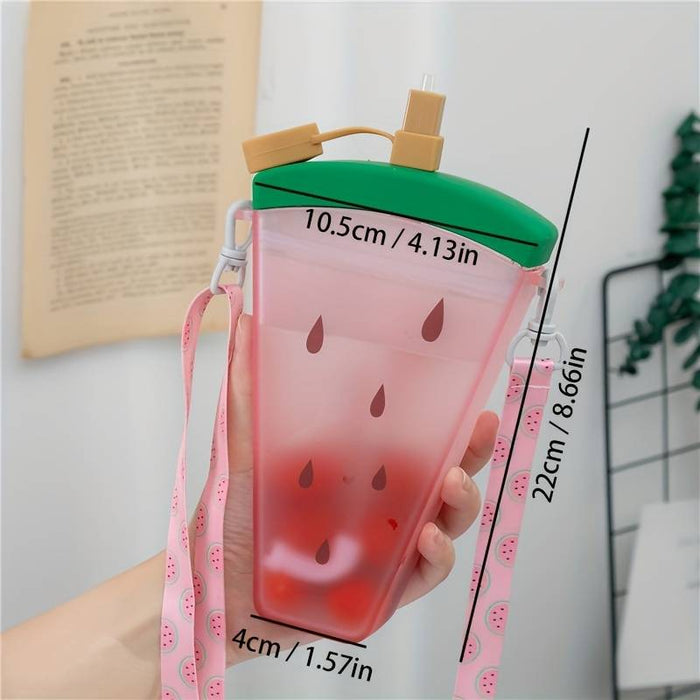 WATERMELON SHAPED WATER BOTTLE WITH STRAW AND SHOULDER STRAP - 320ML