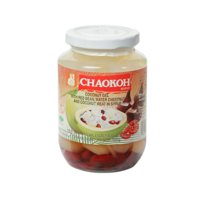 CHAOKOH COCONUT GEL WITH RED BEAN, WATER CHESTNUT & COCONUT MEAT IN SYRUP 500G