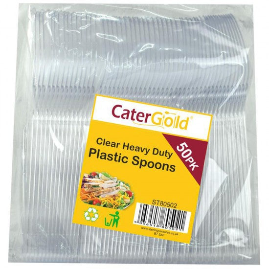 CATER GOLD PLASTIC SPOONS CLEAR HEAVY DUTY - 50PK