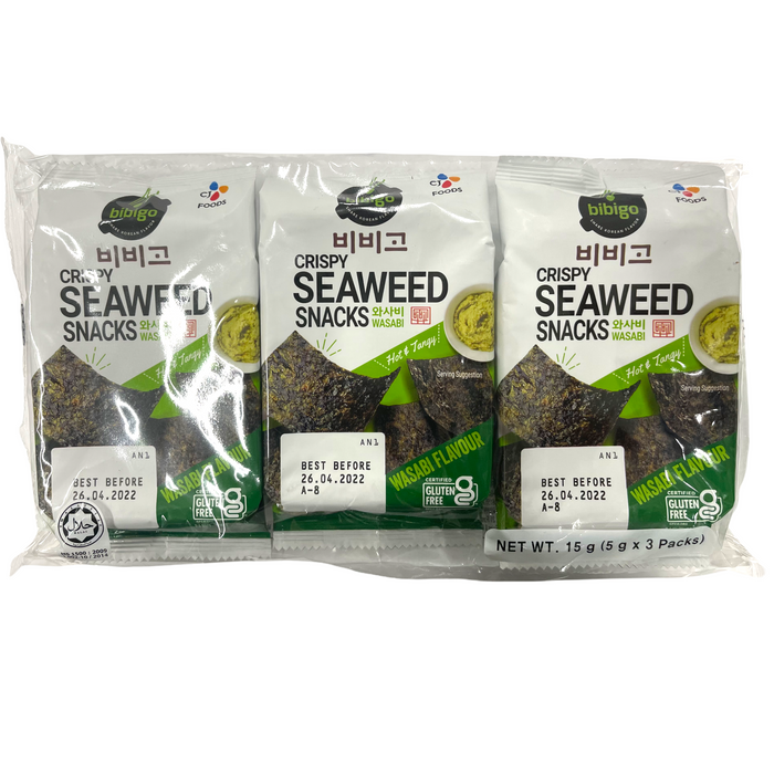 CJ BIBIGO WASABI FLAVOUR CRISPY SEAWEED SNACK  3x5G