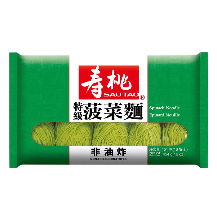 SAU TAO SPINACH Noodle 托盘 454G 寿桃菠菜面