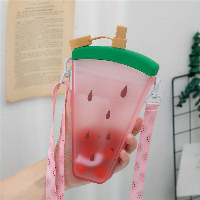 WATERMELON SHAPED WATER BOTTLE WITH STRAW AND SHOULDER STRAP - 320ML