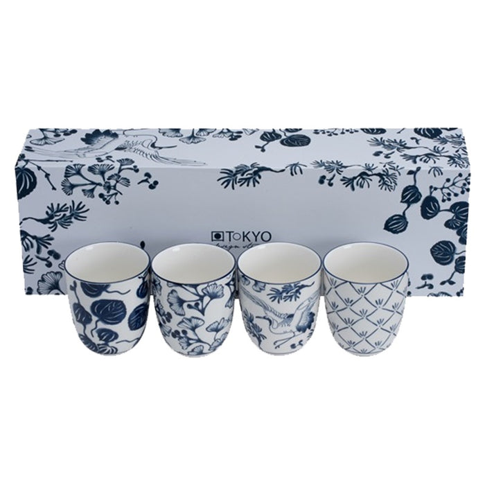 JAPANESE STYLE FLORAL BLUE JAPONICA TEA CUP SET - 4 CUPS
