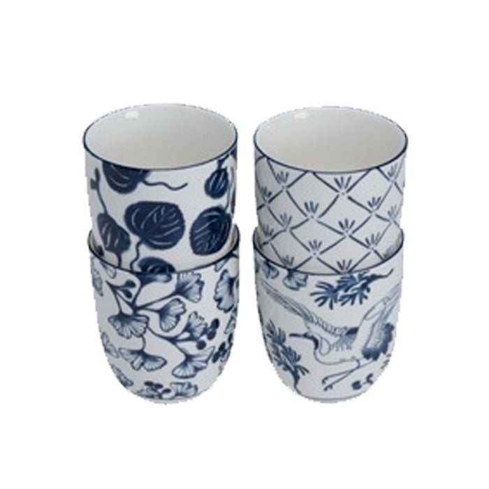 日式花卉蓝色粳稻茶杯套装 - 4 杯